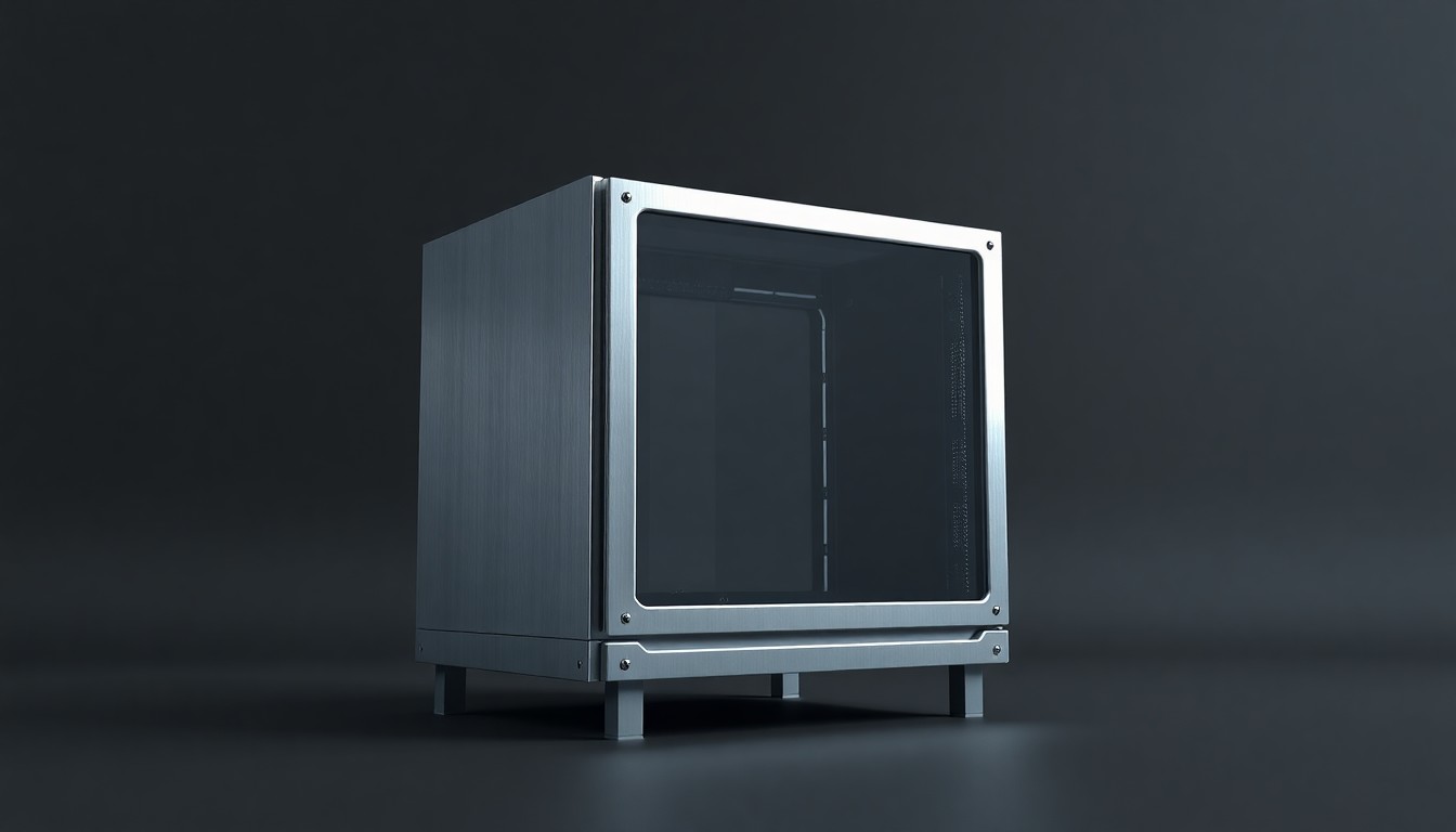 A photorealistic studio still life depicting a polished, geometric aluminum server rack floating on a solid charcoal gray background, symbolizing Bitfarms' digital infrastructure capabilities.