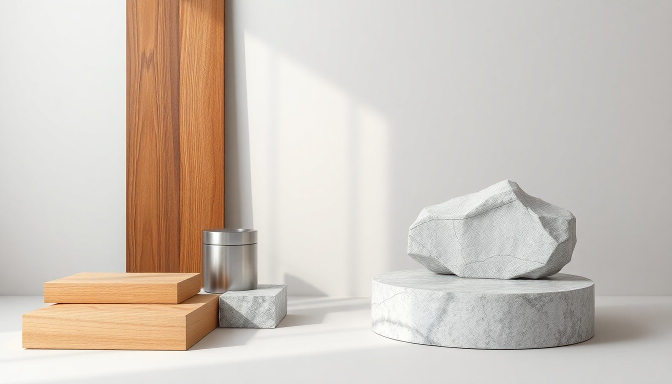 A high-end studio still life photograph featuring an elegant arrangement of premium construction materials like polished wood, brushed metal, and smooth stone, conceptually representing the investment in a new homeless shelter facility.