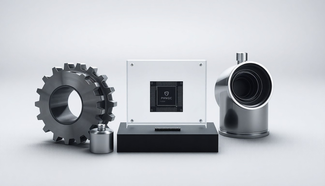 A high-end, photorealistic studio still-life photograph featuring a polished metal gear, a sleek aerospace component, and a transparent computer chip encased in a minimalist display, conceptually representing PMGC Holdings' diversified industrial portfolio and focus on precision manufacturing.