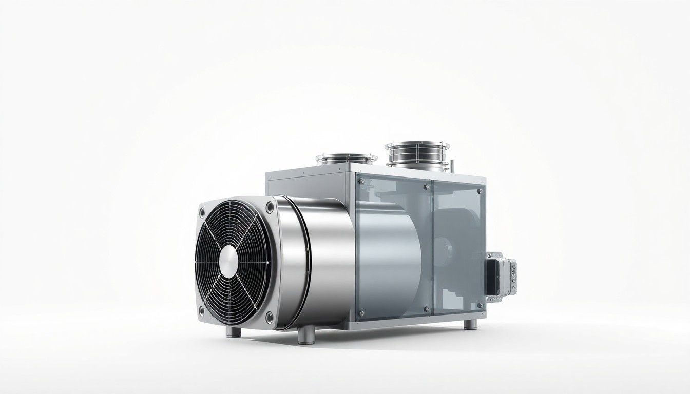 A photorealistic studio still-life image of a sleek, modern HVAC unit or air conditioning component made from polished metal and glass, arranged elegantly on a clean, white background and dramatically lit to convey the advanced technology and innovation in the HVACR industry.