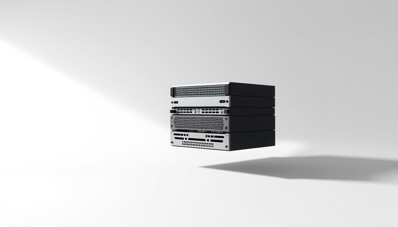 A minimalist, photorealistic studio still life featuring a stack of sleek, metallic server hardware components in shades of silver and black, symbolizing the complex legal and compliance issues surrounding the export of sensitive technology.