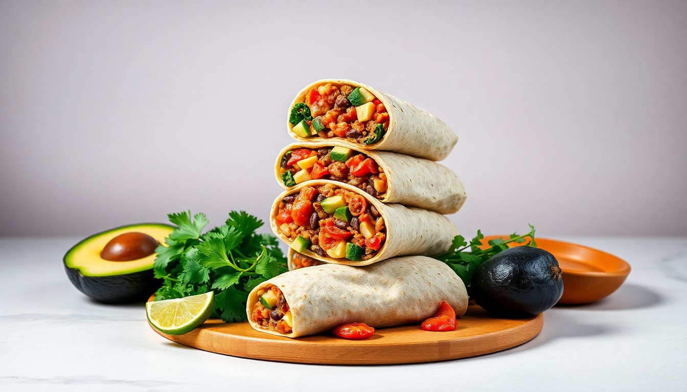 A photorealistic studio still life featuring a stack of Chipotle burritos with double protein, surrounded by fresh ingredients like avocado and lime, conveying the brand's focus on high-quality, protein-packed meals.