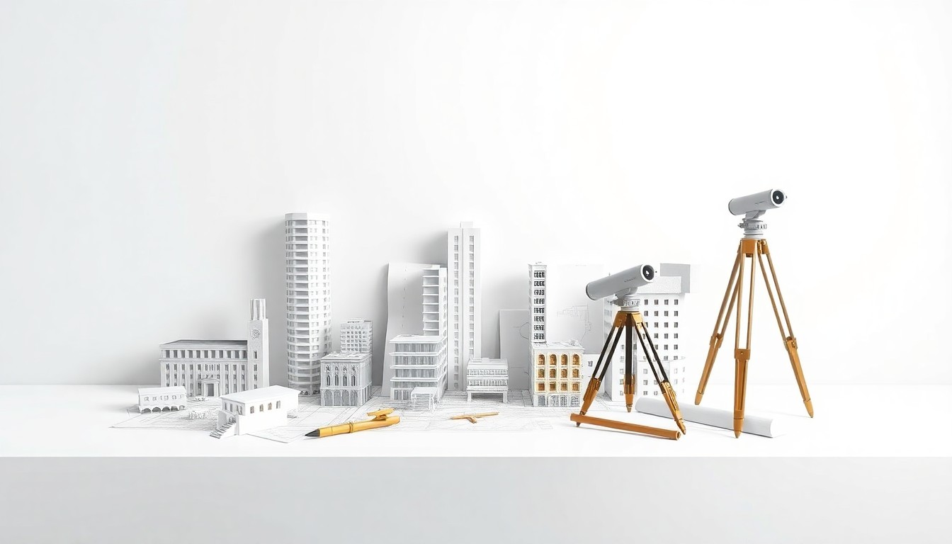 A minimalist studio still life featuring architectural models, blueprints, and surveying tools arranged elegantly on a clean, monochromatic background, conceptually representing the complexities of urban planning and real estate development.