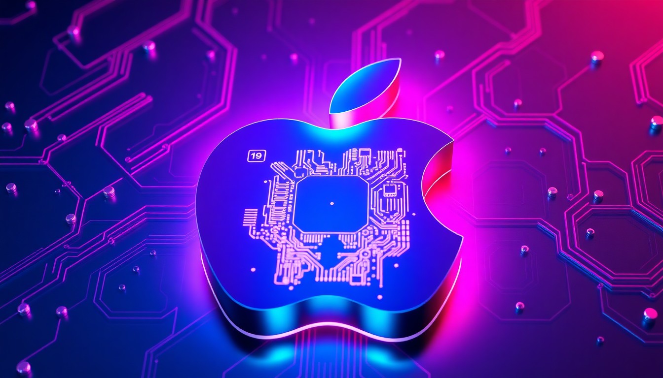 A highly detailed, glowing 3D illustration of Apple's iconic logo, with neon cyan and magenta lights illuminating the metallic surfaces and intricate circuitry, conceptually representing Apple's transition into the AI-driven future.