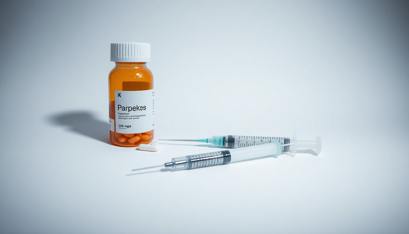 A high-end, photorealistic studio still-life photograph featuring a stack of pill bottles and a medical syringe arranged elegantly on a clean, white seamless background, conveying a sense of precision, innovation, and hope in the development of new kidney disease treatments.