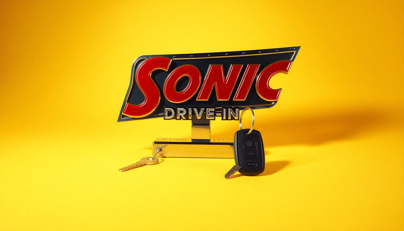A high-end, photorealistic studio still-life photograph featuring a polished, chrome-plated Sonic drive-in menu sign and a set of classic car keys, conceptually representing the expansion of the Sonic brand and the convenience of its drive-in service.