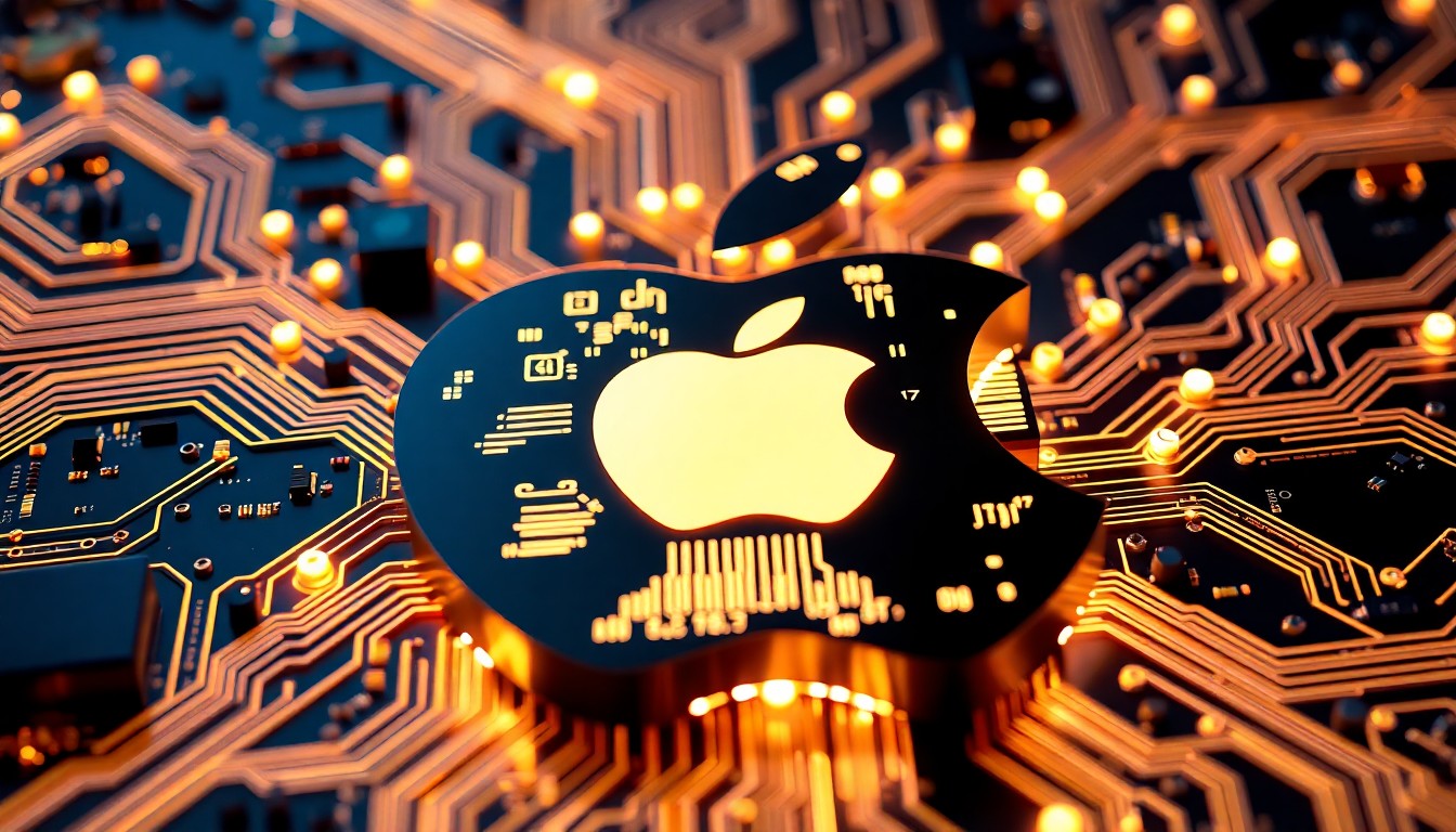 A glowing, 3D macro illustration of the Apple logo composed of illuminated circuit boards, wires, and metallic components, symbolizing the company's technological innovation and evolution over the past five decades.