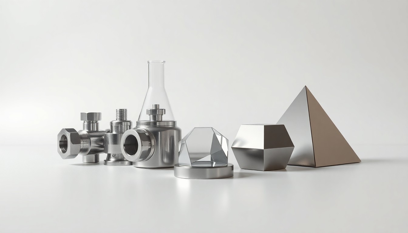 A high-end, photorealistic studio still-life photograph featuring a group of polished, geometric metal and glass objects arranged elegantly on a clean, monochromatic seamless background, symbolizing the industrial applications and chemical properties of hydrofluoric acid.