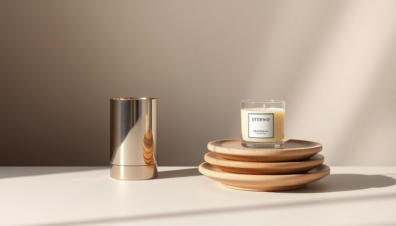 A high-end, photorealistic studio still-life photograph featuring a polished metal candle holder, a glass jar of fragrant wax, and a stack of elegant ceramic plates in muted earth tones, conceptually representing the refined aesthetic and premium quality of Sterno's home fragrance business.