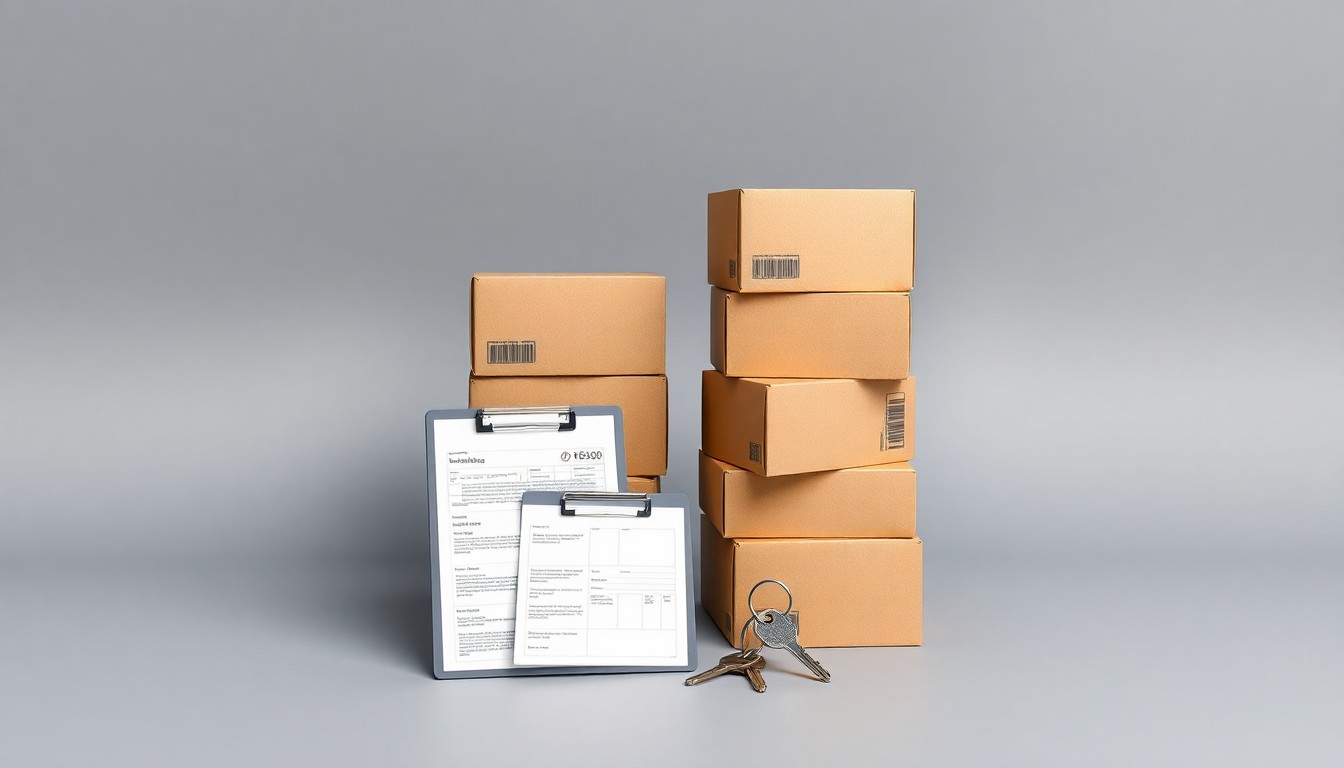 A photorealistic studio still life featuring a stack of shipping boxes, a clipboard with paperwork, and a truck key, conceptually representing the logistics and transportation industry.