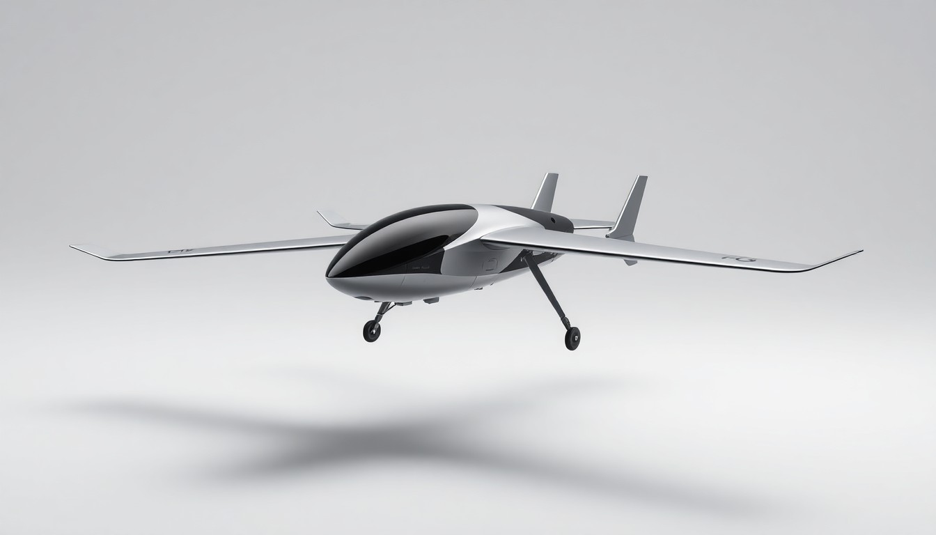 A photorealistic studio still-life image of a sleek, metallic model of an electric vertical takeoff and landing (eVTOL) aircraft, floating on a clean, monochromatic background and using dramatic lighting and shadows to convey a sense of technological innovation and the future of urban transportation.