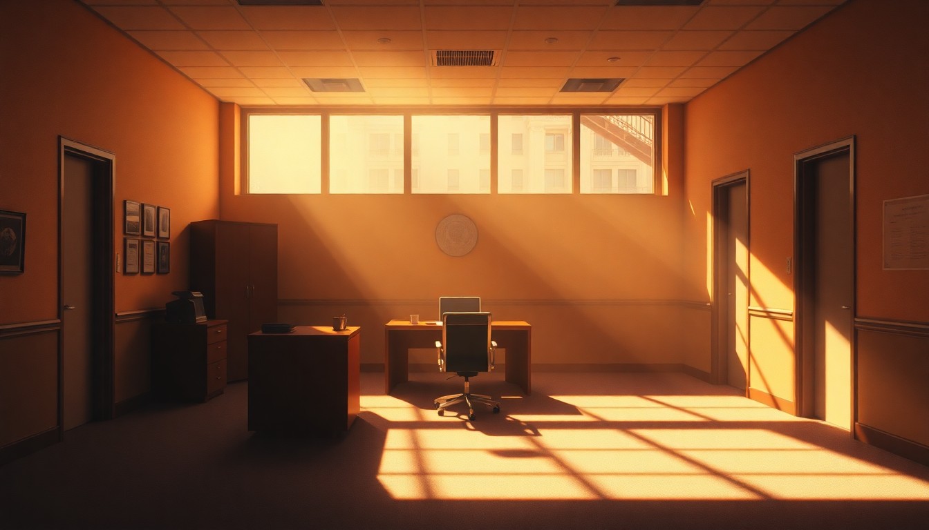A dimly lit, cinematic painting of an empty government office space with a single desk and chair in the foreground, bathed in warm, diagonal sunlight and deep shadows, conceptually representing the disruption caused by the fire.