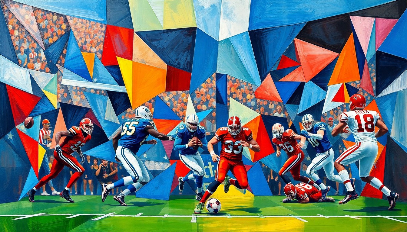 A cubist, geometric painting depicting a fragmented football game, with players and the field reduced to angular, overlapping shapes in a vibrant color palette, conceptually representing the multi-faceted nature of hosting a major sporting event.