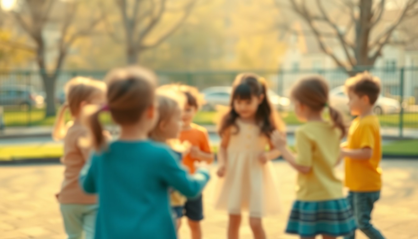 An abstract, out-of-focus photograph in soft, warm tones depicting a group of children playing together on a playground, with blurred shapes and silhouettes representing their various communication styles.