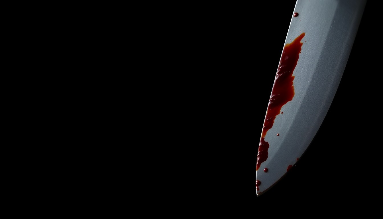 An extreme close-up of a bloodied knife blade reflecting a faint red light, conceptually illustrating the violence of the assault without depicting any graphic imagery.