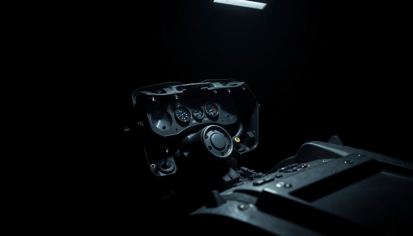 An extreme close-up photograph of a damaged UTV control panel or engine component, capturing the gritty details and textures to conceptually illustrate the aftermath of a serious off-road vehicle accident.