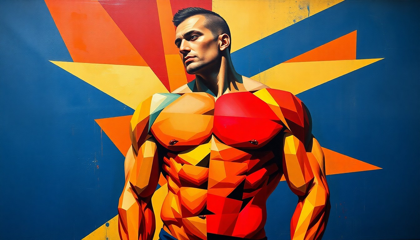 A fragmented, geometric painting depicting the muscular form of a male bodybuilder, rendered in bold, contrasting colors that capture the raw energy and athleticism of the sport.