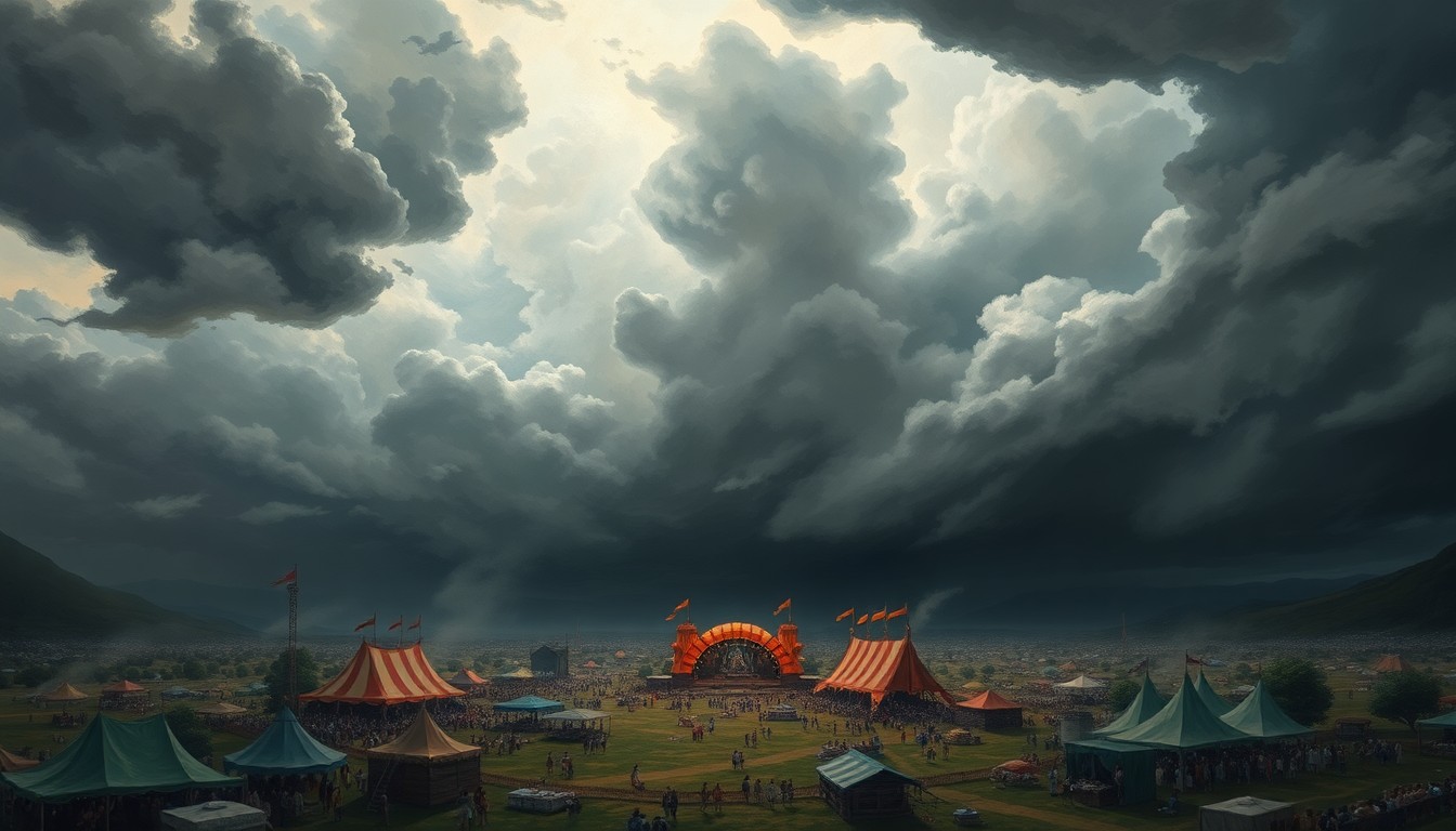 A sweeping, atmospheric landscape painting depicting a community festival being overwhelmed by a dramatic storm, with the festival tents and structures dwarfed by the scale of the swirling, ominous clouds and intense wind gusts.