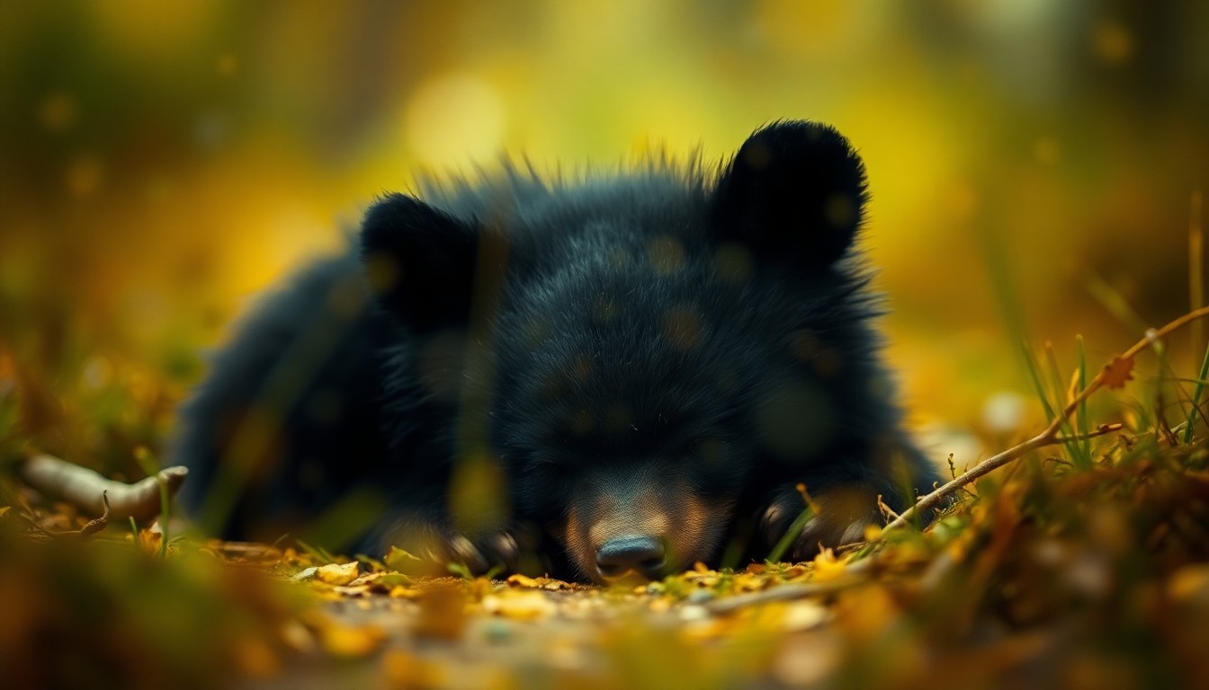 An abstract, impressionistic photograph of a sleeping black bear cub in a hazy, out-of-focus natural setting, conveying a sense of tranquility and vulnerability.