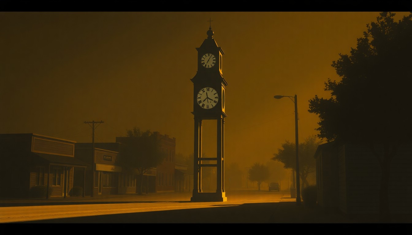 A serene, cinematic painting of an old clock tower in a quaint Georgia town, its face illuminated by warm, angled sunlight casting deep shadows across the scene, conveying a sense of timeless community and the potential impact of ending daylight saving time shifts.
