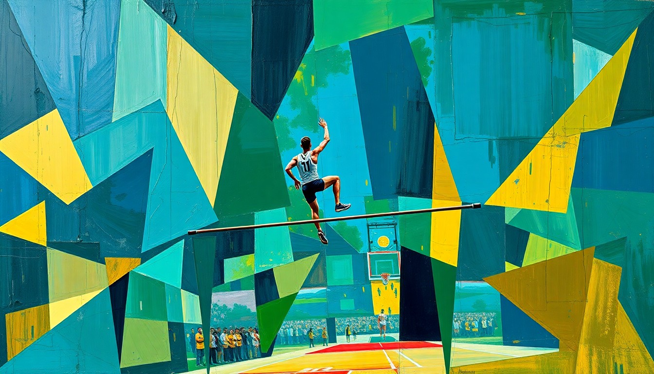 A cubist-style painting featuring overlapping geometric shapes and planes in shades of blue, green, and gold, conceptually representing the dynamic movements and perspectives of a high jump competition.