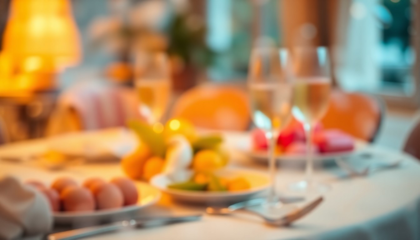 An abstract, impressionistic scene of blurred, colorful lifestyle objects like plates, silverware, and champagne flutes, conveying the festive atmosphere of an Easter brunch celebration.