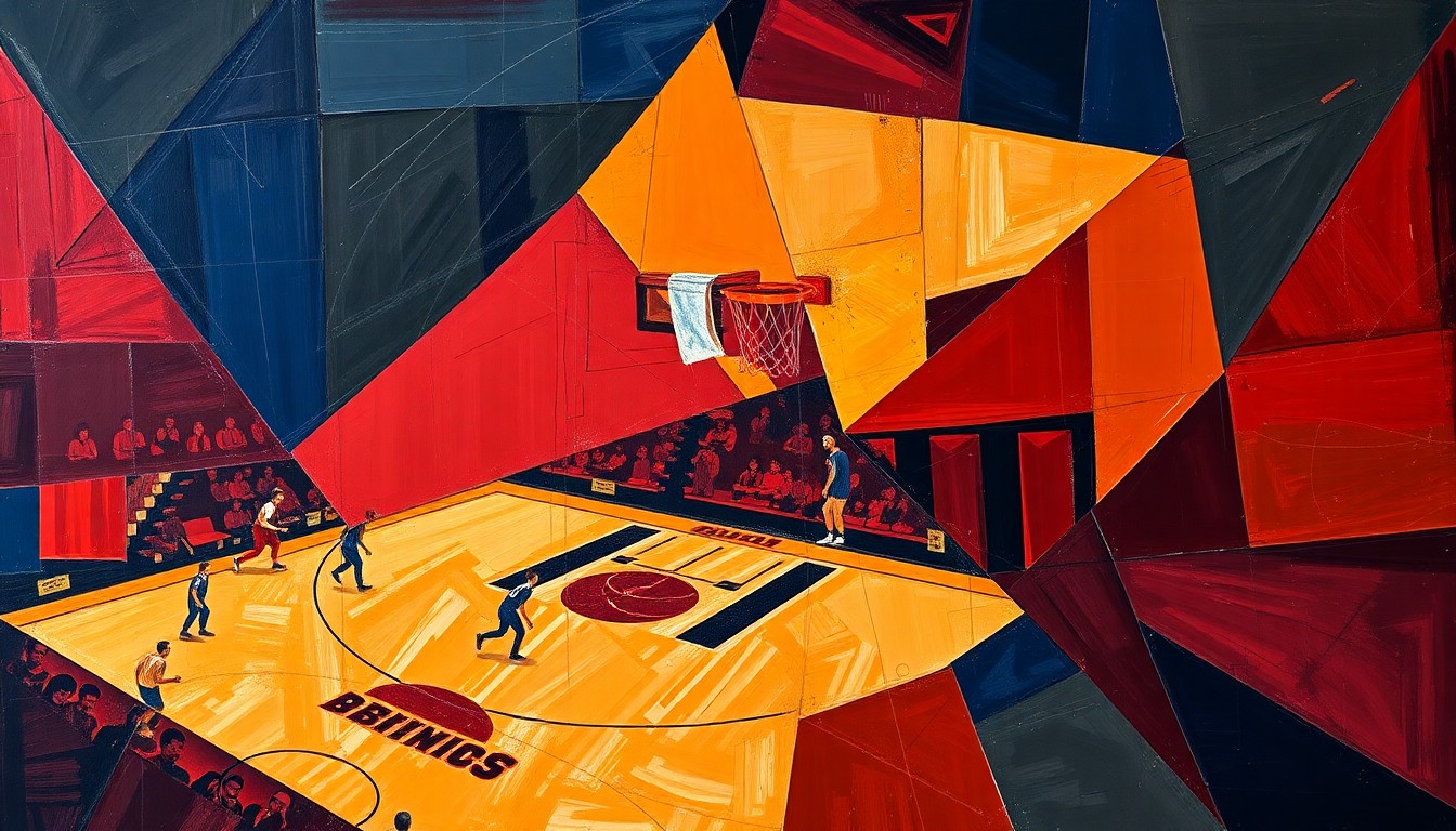 A cubist, geometric painting depicting the fragmented action of a college basketball game, with sharp planes of maroon, orange, and navy blue representing the dynamic energy of the sport.