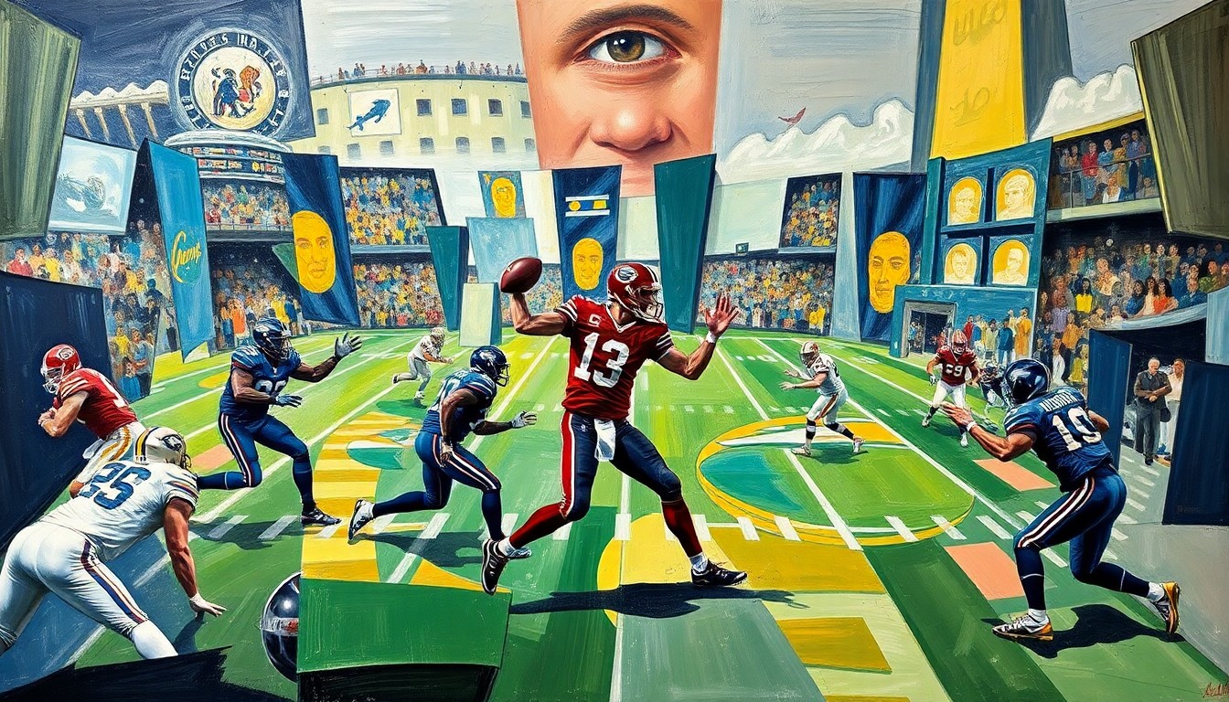 A cubist, geometric painting depicting a football player in motion, with the figure broken down into sharp, overlapping planes of color and shape, creating a sense of dynamic movement and uncertainty.