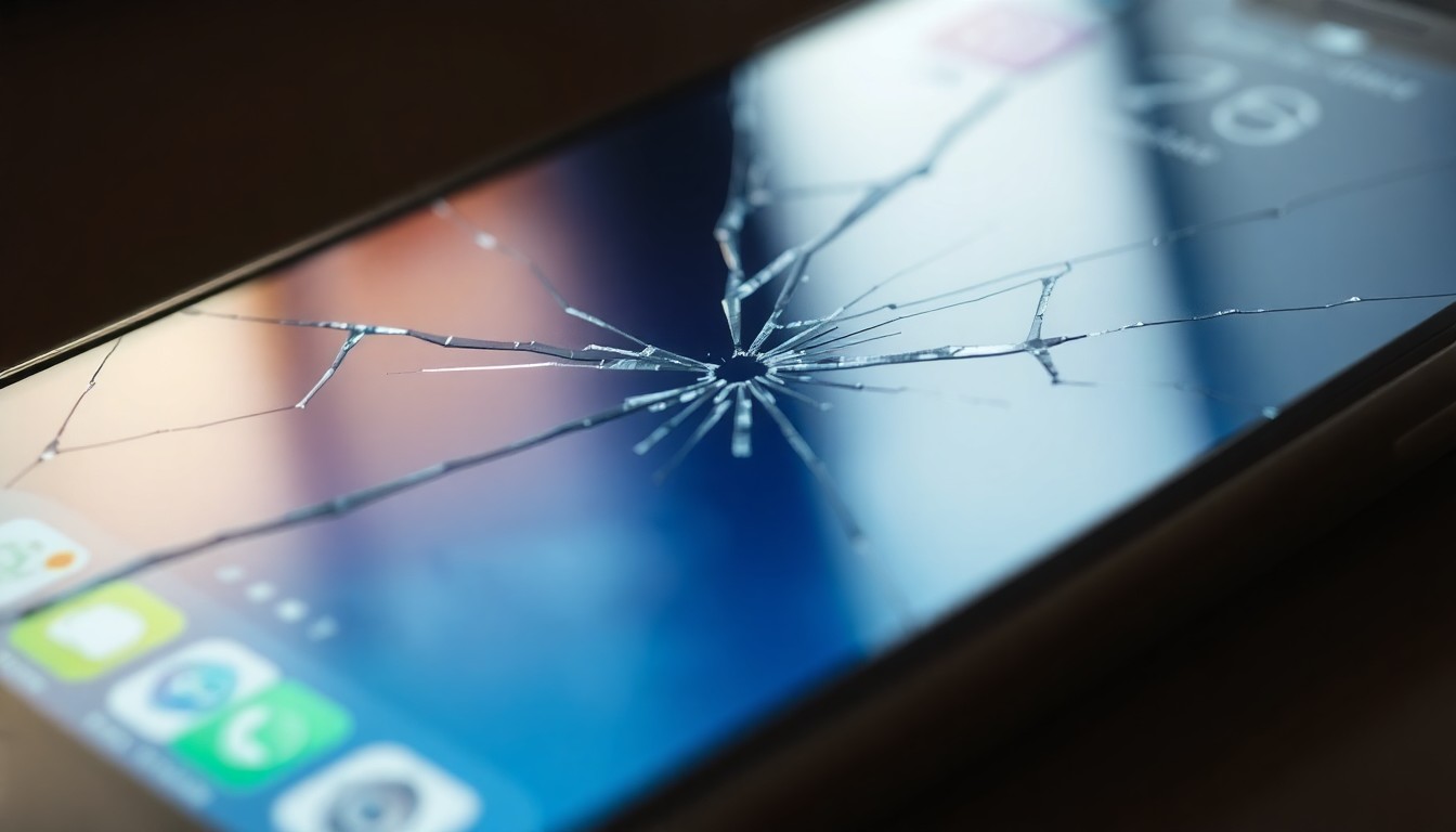 An extreme close-up photograph of a cracked smartphone screen, capturing the dramatic texture and lighting to conceptually represent the digital evidence at the center of this criminal case.