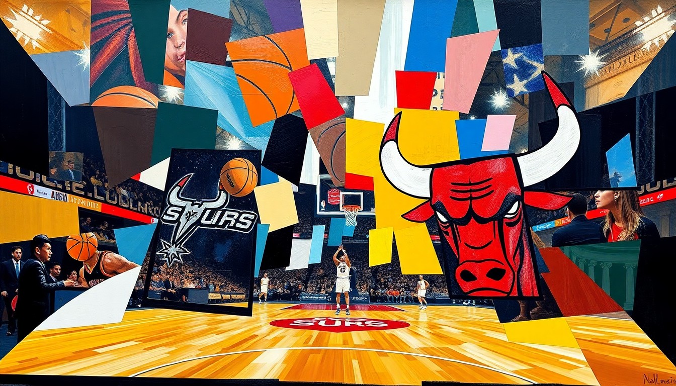 A fractured, cubist-style painting depicting a basketball game in progress, with the players and court broken down into sharp, overlapping geometric shapes in the team colors of the San Antonio Spurs and Chicago Bulls.