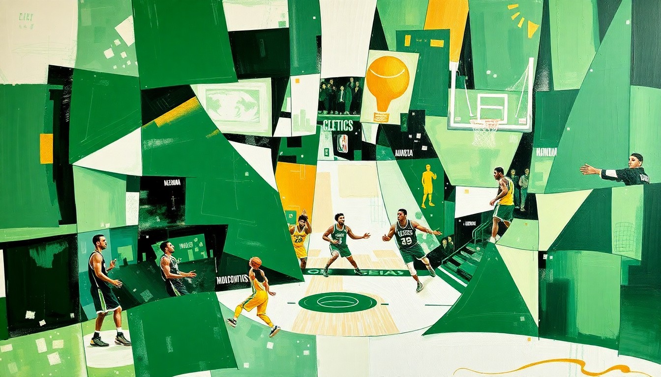 A cubist, geometric painting depicting a Celtics basketball game broken down into overlapping planes of green, white, and gold, capturing the dynamic energy and movement of the team.