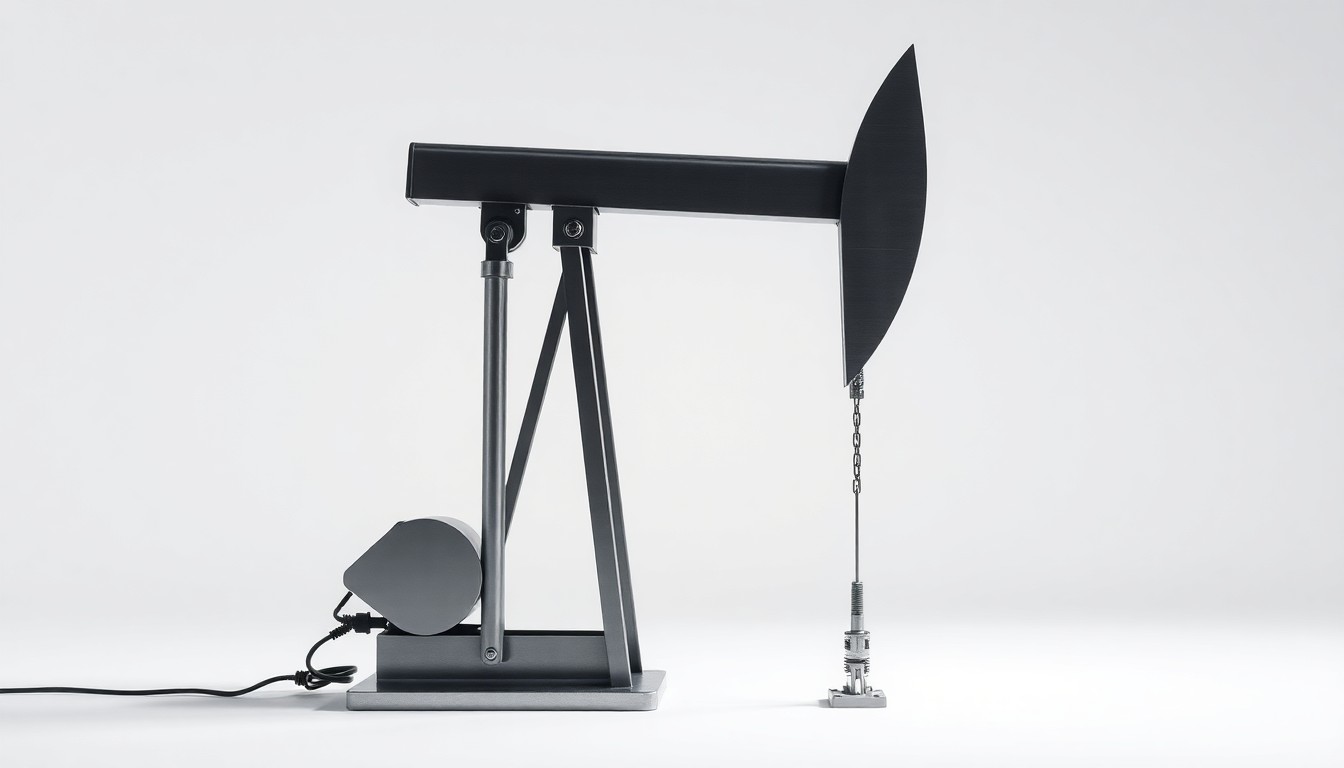 A sleek, minimalist studio photograph of a polished metal oil pump jack against a plain background, symbolizing the efficient production of energy resources.