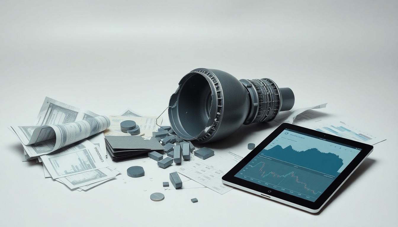 A photorealistic studio still life featuring a shattered glass model of a nuclear reactor core, scattered financial documents, and a cracked tablet displaying stock charts, all on a clean, monochromatic background, conceptually representing the corporate strategy and market impacts of the alleged securities fraud.