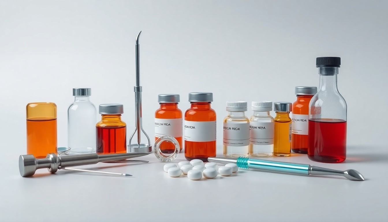 A studio photograph featuring a collection of premium medical instruments and pharmaceutical vials arranged in a minimalist, conceptual composition, symbolizing the scientific research and development behind a new drug therapy.
