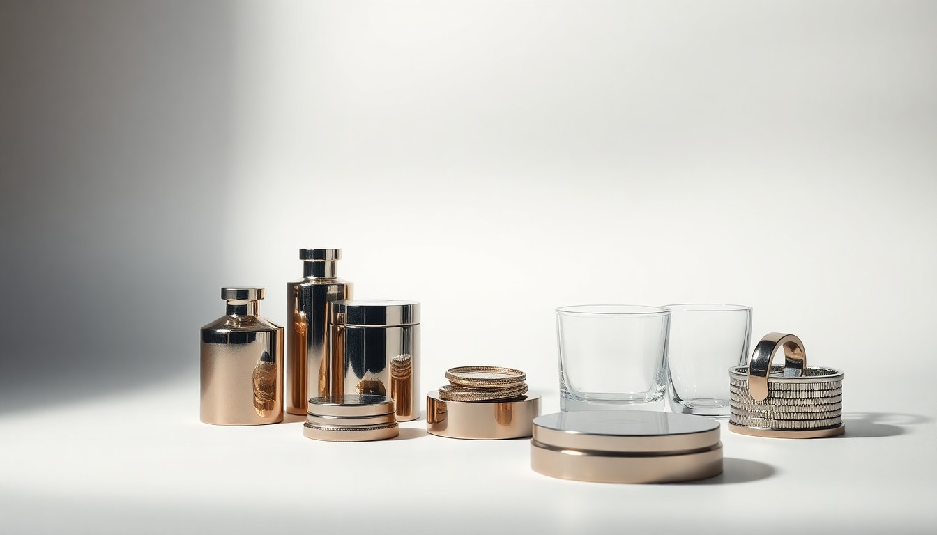 A photorealistic studio still life featuring an elegant arrangement of polished metal and glass objects, conceptually representing the complex corporate finance and inventory challenges at the heart of the Camping World securities fraud case.