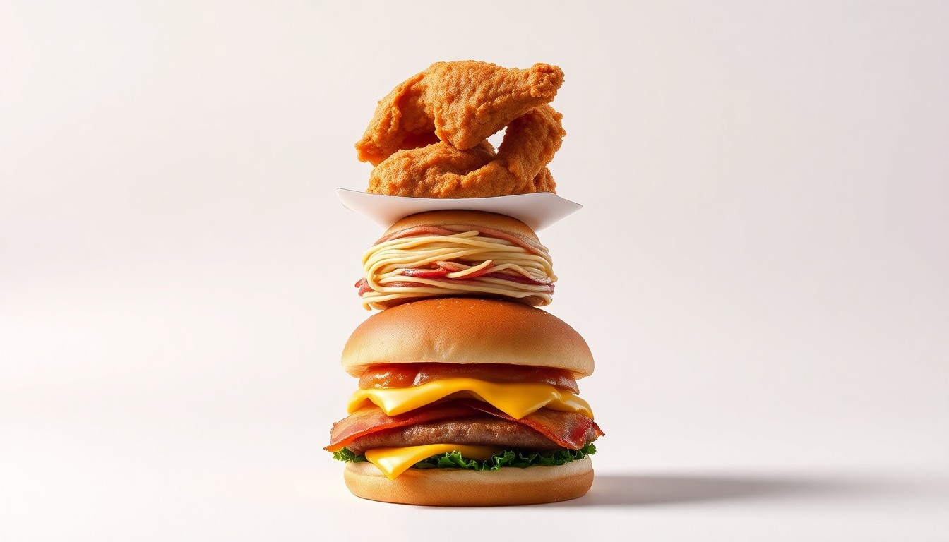 A high-end, photorealistic studio still-life photograph featuring a stack of Jollibee's signature Chickenjoy fried chicken, Jolly Spaghetti, and Ultimate Bacon Angus Cheeseburger arranged elegantly on a clean, monochromatic seamless background, using sharp, dramatic studio lighting and deep shadows to represent the premium quality and craveable flavors of the menu.