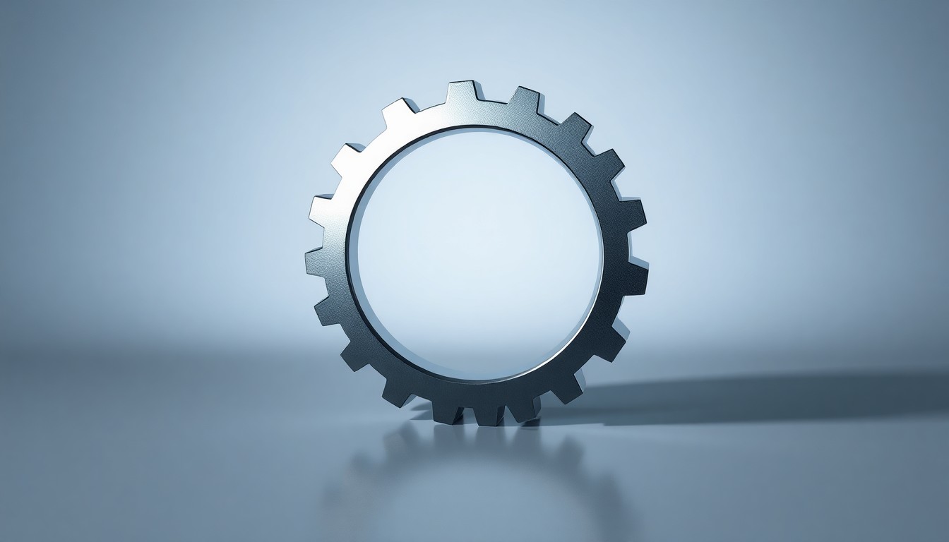 A highly detailed, photorealistic studio photograph of a polished metal sculpture in the shape of a broken gear or cog, resting on a clean, monochromatic background and dramatically lit to convey a sense of corporate strategy and risk.