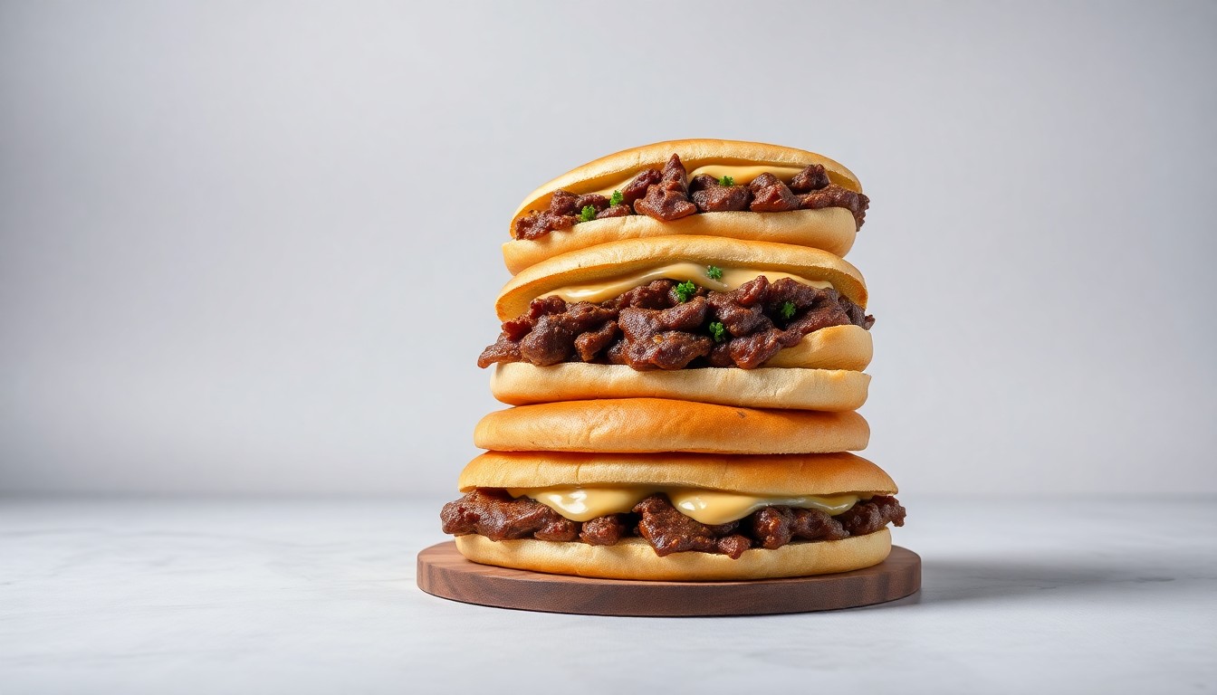 A high-end, photorealistic studio still-life photograph featuring a stack of freshly baked Philly cheesesteak sandwiches on a clean, monochromatic background, conceptually representing the premium dining experience of the new Lennys Grill & Subs location.
