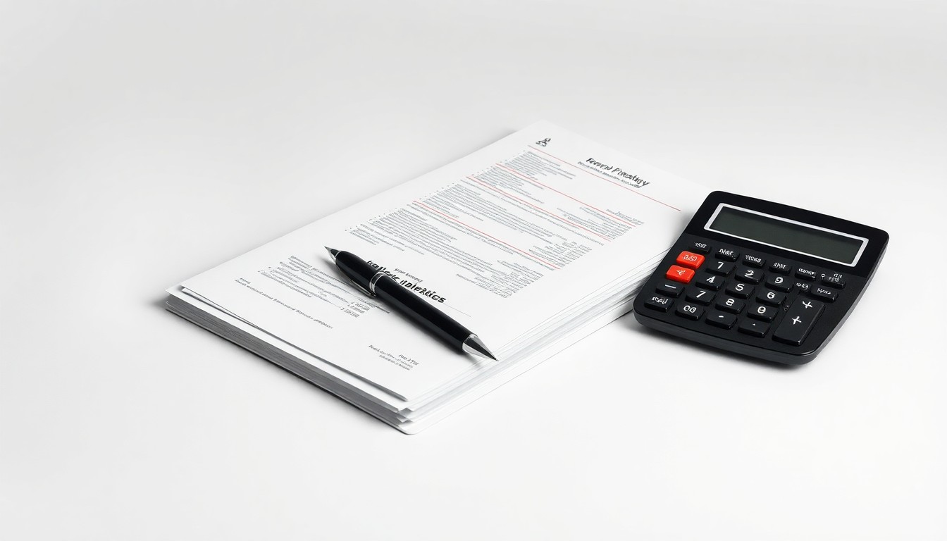 A photorealistic studio still life featuring a stack of financial documents, a pen, and a calculator arranged on a clean, monochromatic background, conceptually representing the abstract corporate strategy and finance at the center of the investigation.