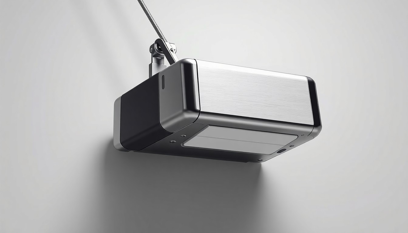 A high-end, photorealistic studio still-life photograph featuring a sleek, modern garage door opener mechanism made of polished metal and glass, floating on a clean, monochromatic background and dramatically lit to represent the precision and craftsmanship of the garage door industry.