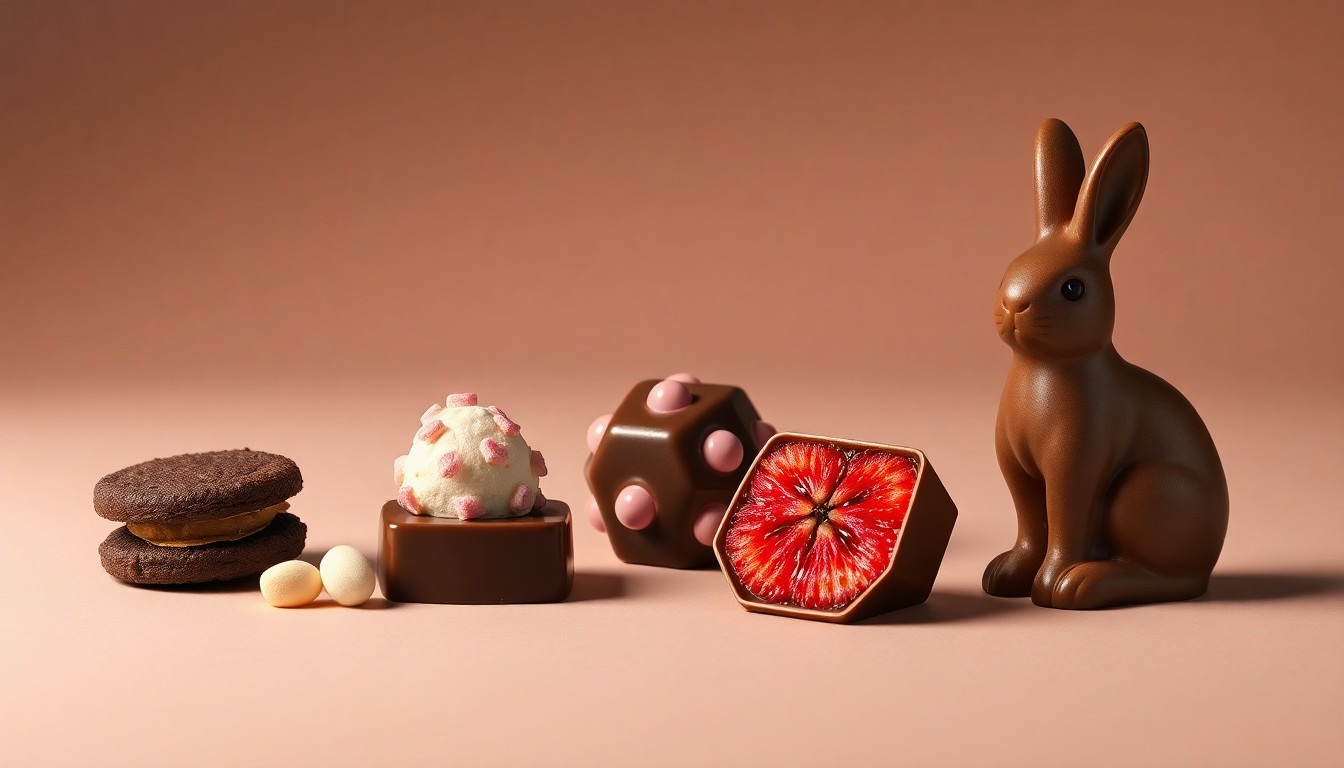 A high-end, photorealistic studio still-life photograph showcasing a selection of JARDÍ Chocolates' 2026 Easter offerings, including a dark chocolate cookie with vanilla marshmallow, a pink peppercorn and strawberry white chocolate confection, and a semi-solid chocolate bunny, all arranged elegantly on a clean, monochromatic background.