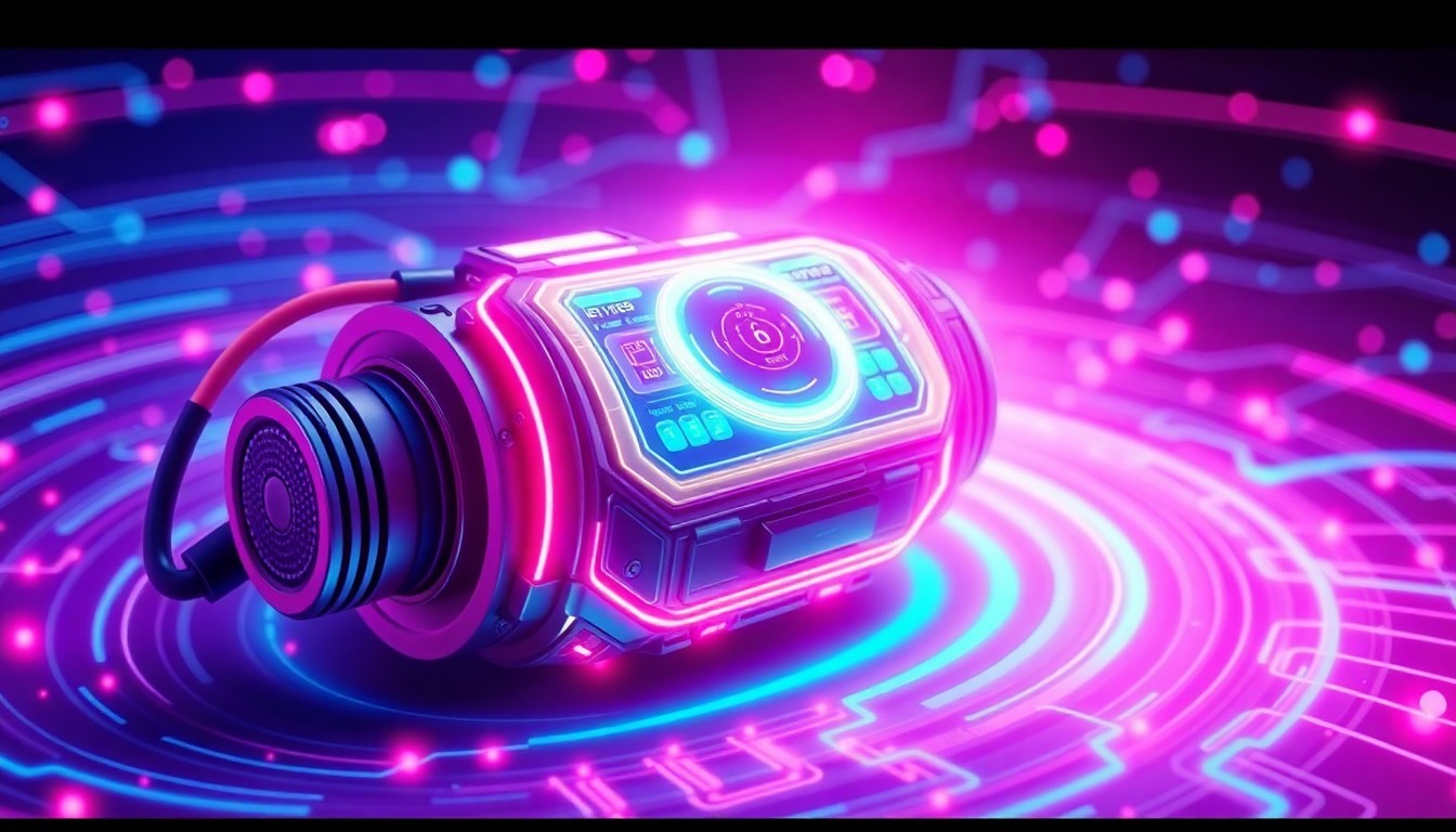 A highly detailed, glowing 3D illustration of a futuristic voice interface device, with illuminated circuits, fiber optic cables, and holographic UI elements, surrounded by a swirling energy field of neon cyan and magenta lights, conceptually representing the governed intelligence powering the voice experience.