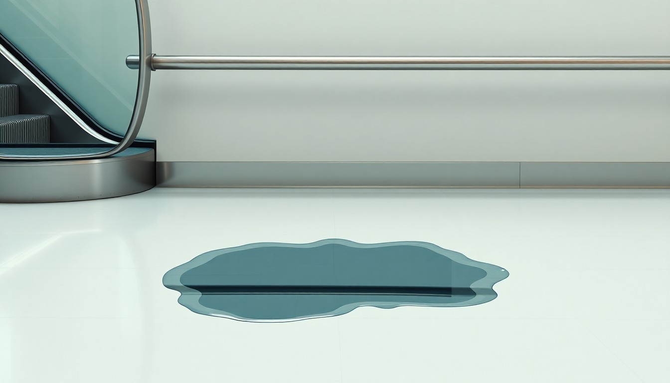 A close-up view of a metallic escalator handrail partially submerged in a puddle of water, symbolizing the infrastructure challenges facing the Hawaii Convention Center.