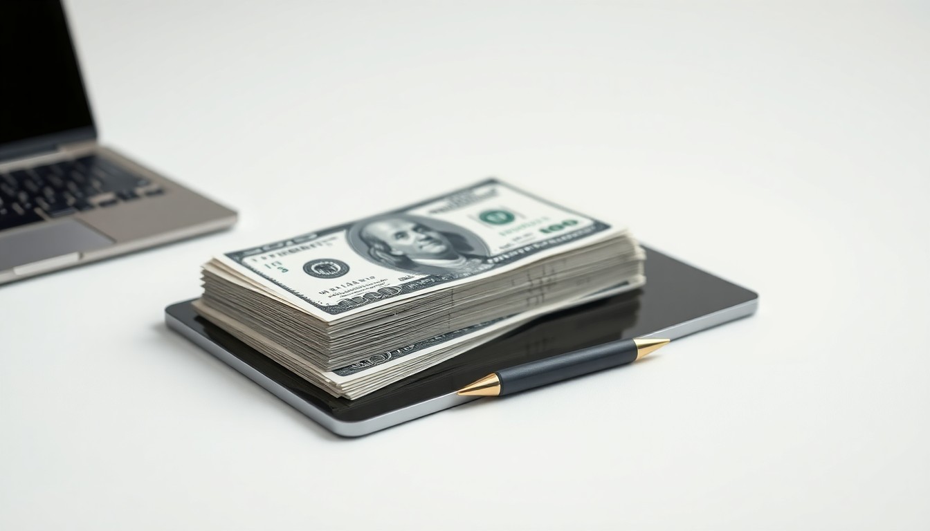 A photorealistic studio still life featuring a stack of dollar bills, a pen, and a tablet computer arranged on a clean, white background, symbolizing the abstract concepts of startup funding and business growth.