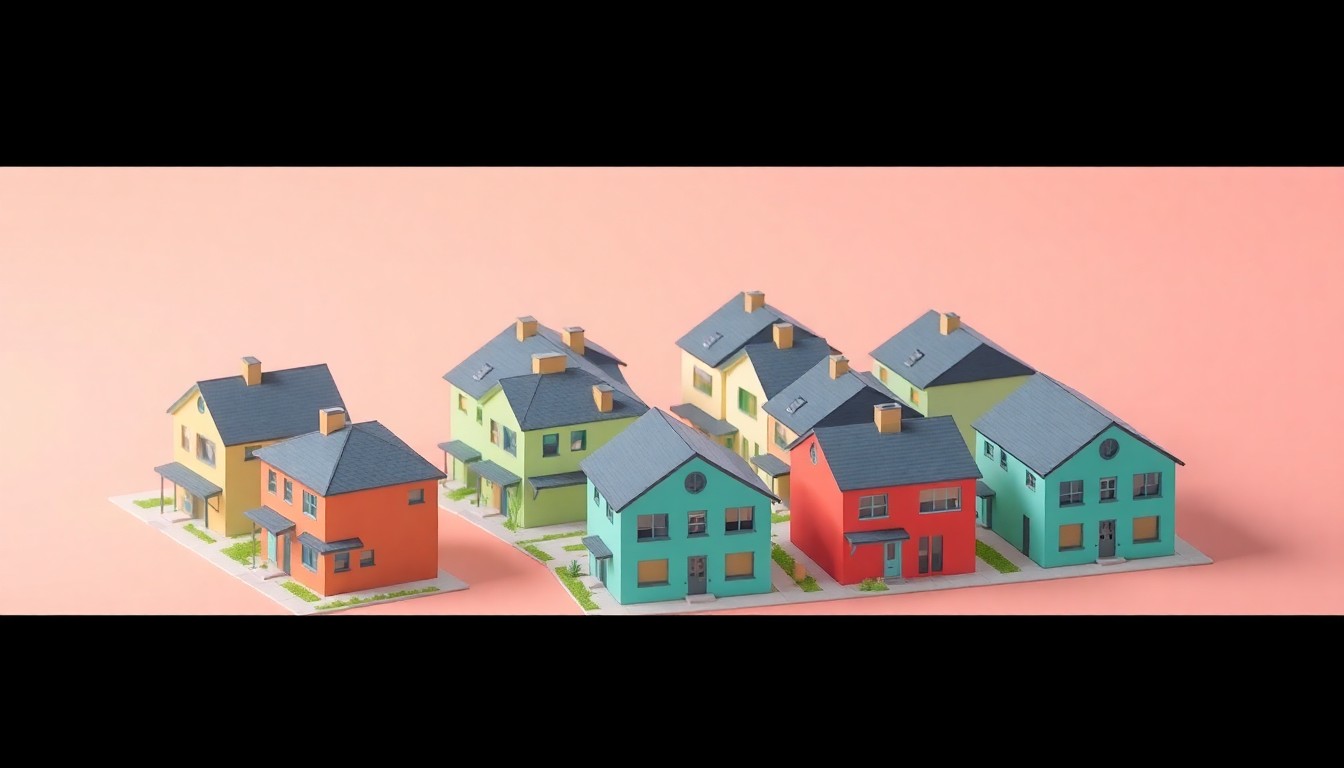 A miniature, stylized 3D digital illustration depicting a cluster of modern, energy-efficient affordable homes arranged in an orderly grid layout, conveying a sense of community, progress, and new opportunities for the Turpin Hill neighborhood.
