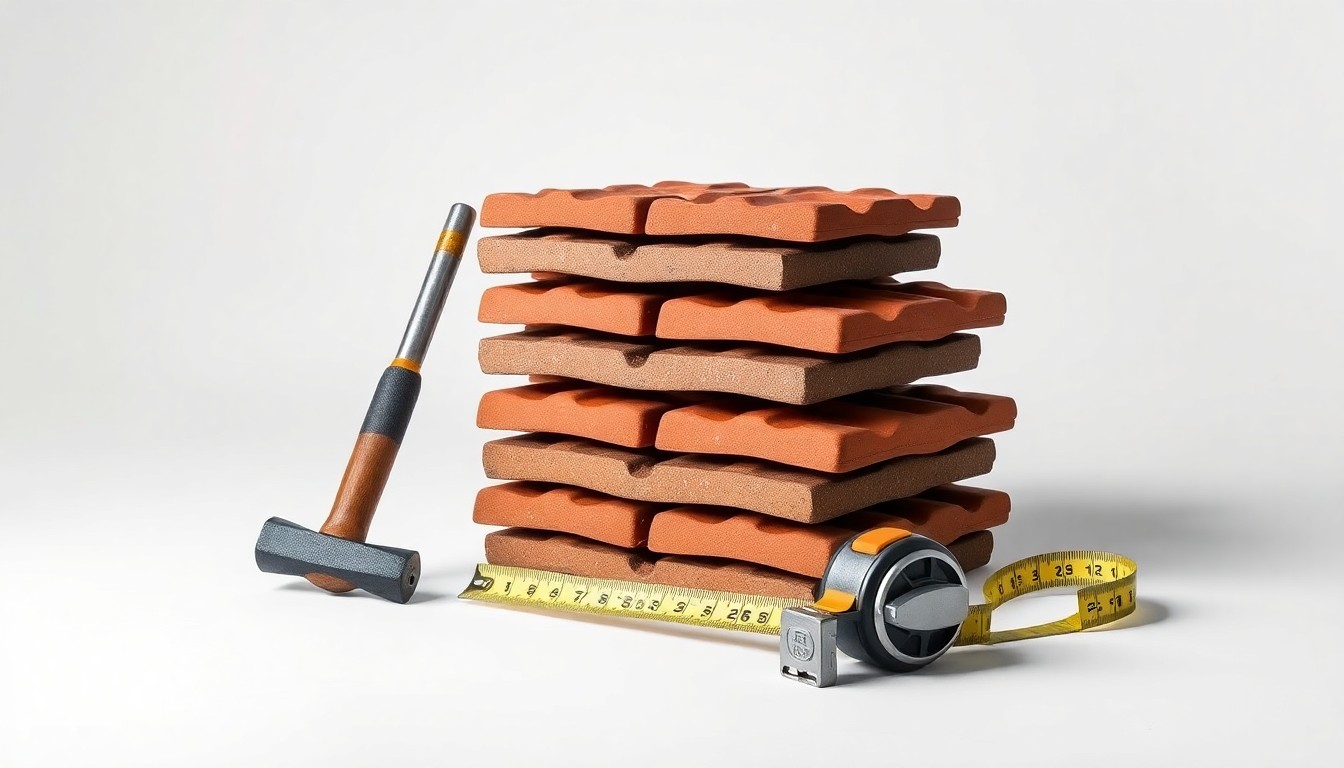 A high-end, photorealistic studio still-life photograph featuring a stack of roofing tiles, a hammer, and a tape measure arranged elegantly on a clean, white background, conveying the craftsmanship and attention to detail that defines Sea Breeze Roofing's work.
