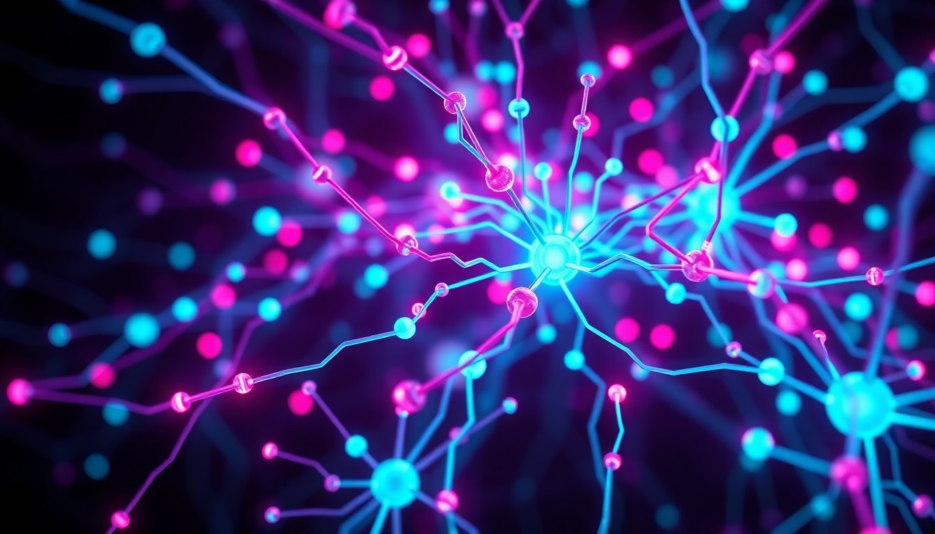 A highly detailed, glowing 3D illustration of a complex neural network architecture, with illuminated nodes and interconnected pathways in shades of neon cyan and magenta, conceptually representing the intricate, cybernetic nature of AI systems.