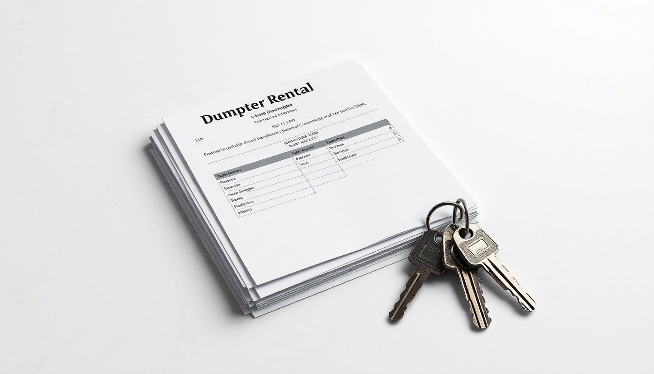 A minimalist studio still life photograph featuring a stack of neatly organized dumpster rental receipts and a set of house keys, conceptually representing the logistical planning and scheduling required to meet the surge in spring cleanout and renovation projects.