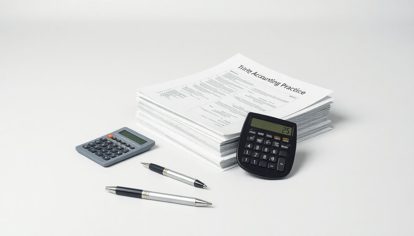 A high-end studio still life photograph featuring a stack of financial documents, a calculator, and a pen arranged elegantly on a clean, monochromatic background, conceptually representing the practical, results-driven services Trinity Accounting Practice provides to its small business clients.