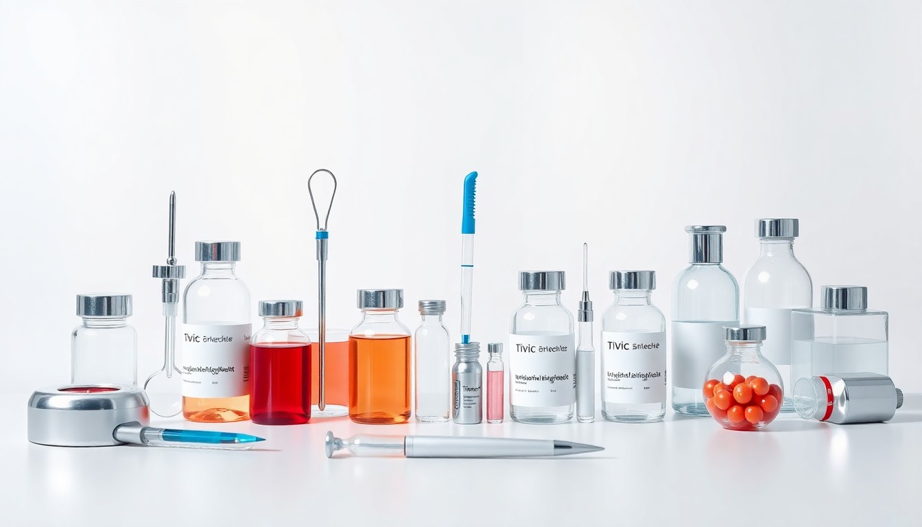 A high-end, photorealistic studio still-life featuring a collection of polished medical instruments, vials, and laboratory equipment arranged elegantly on a clean, monochromatic background, symbolizing Tivic's work in developing innovative immunotherapeutics.